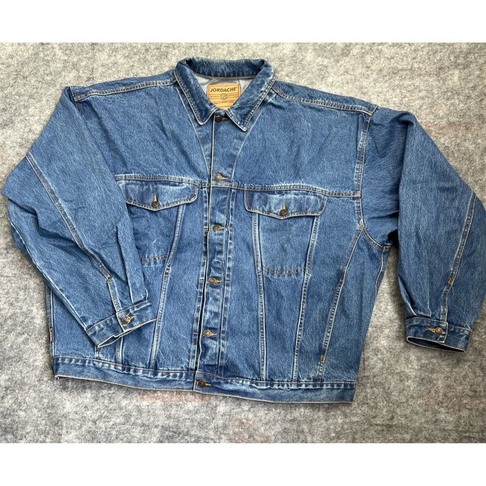 Y2K Jordache Trucker Jean Jacket Mens 4XL Blue Denim Biker Cotton Pockets VTG